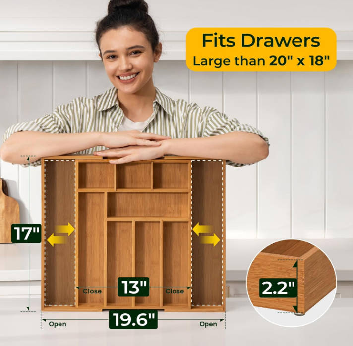 keechee 6-Piece Bamboo Drawer Organizer Set, 2.2" Deep Multi-Use Organizers for Utensils, Silverware, Cutlery, Desk, Bathroom, Junk Drawer & Makeup, Non-Slip Feet Included.