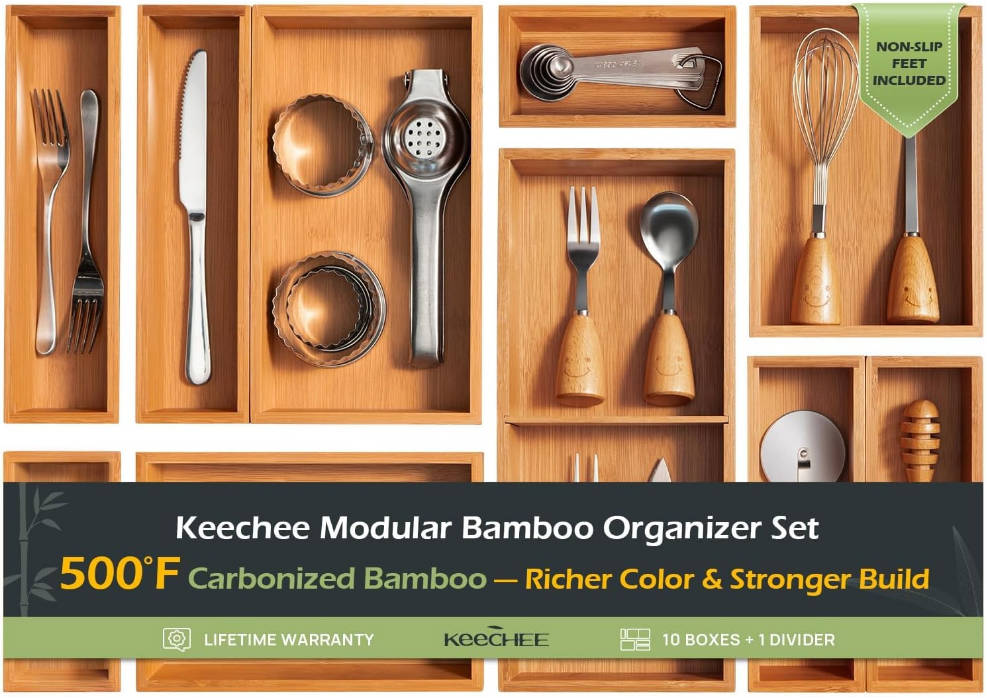 keechee 10-Piece Bamboo Drawer Organizer Set, 2.2" Deep Multi-Use Organizers for Utensils, Silverware, Cutlery, Desk, Bathroom, Junk Drawer & Makeup, Non-Slip Feet Included.