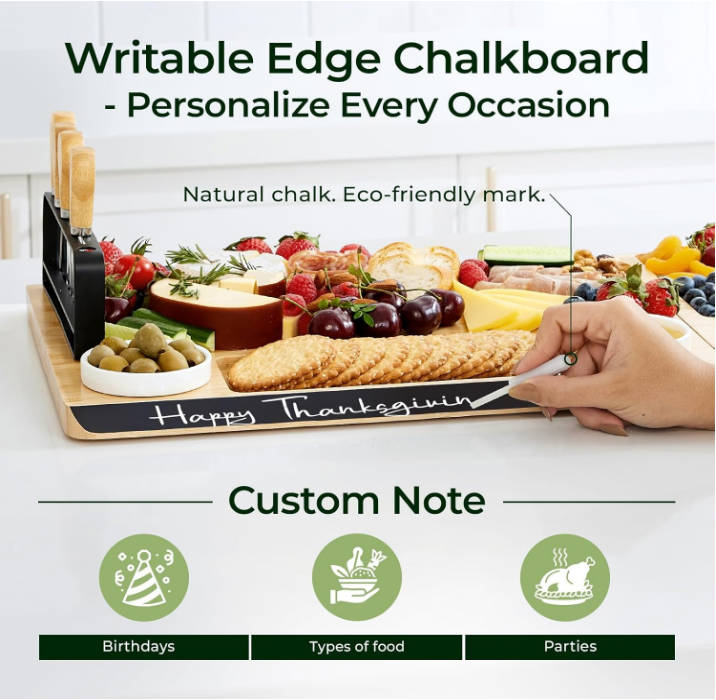 keechee Charcuterie Boards Set, Large Bamboo Cheese Board Set with Chalkboard Edge & Forks Set - Ideal for Housewarming Gift, Weddings, Bridal Showers, and Unique Gifts for Womem