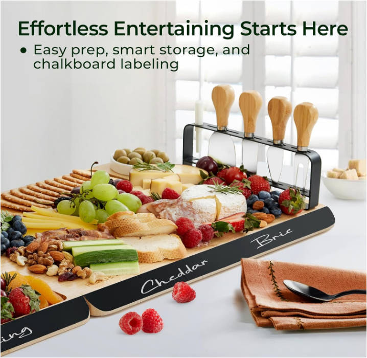keechee Charcuterie Boards Set, Large Bamboo Cheese Board Set with Chalkboard Edge & Forks Set - Ideal for Housewarming Gift, Weddings, Bridal Showers, and Unique Gifts for Womem