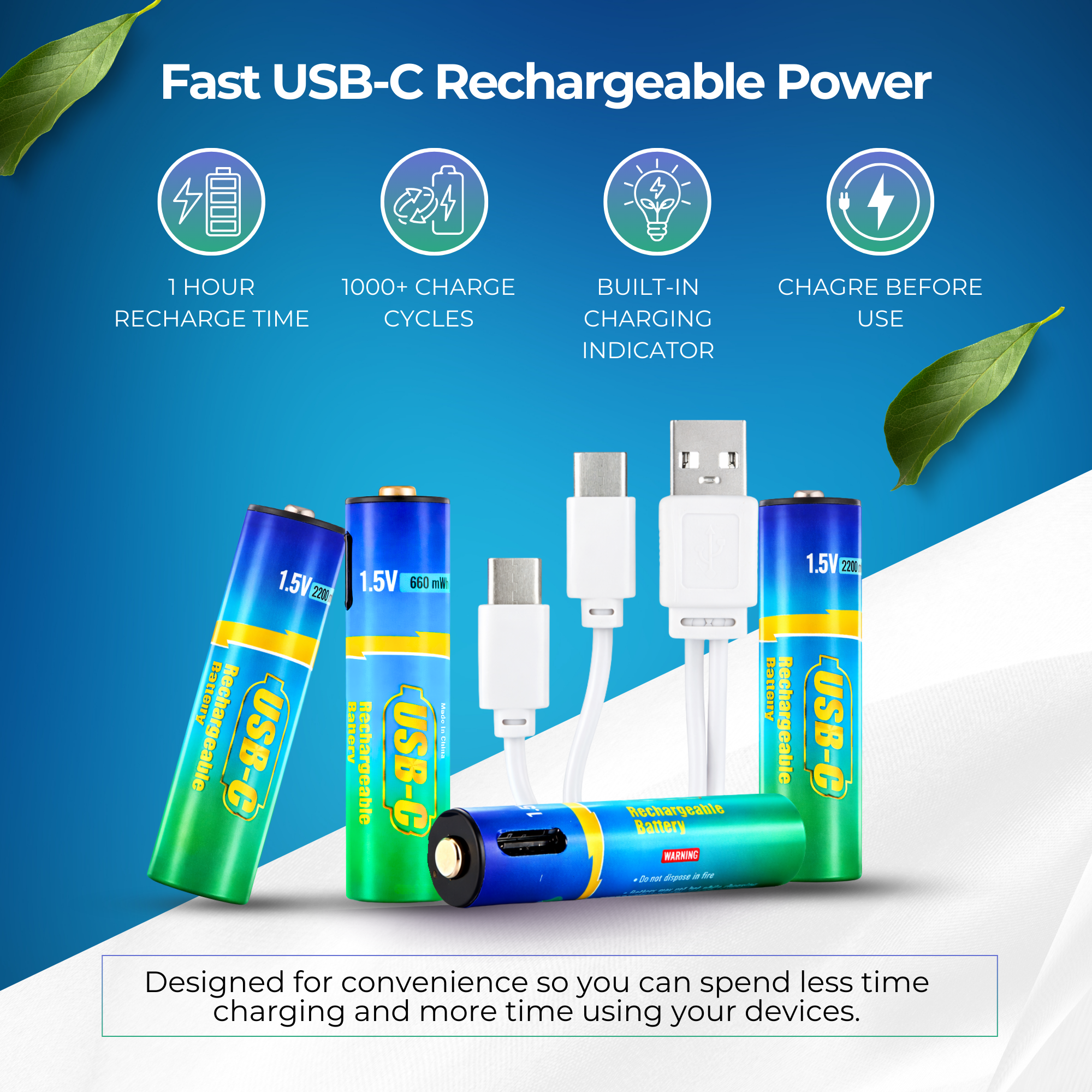 GreenVault USB-C Rechargeable Batteries Combo Pack – 2 AA 2200mWh + 2 AAA 660mWh 1.5V Lithium Rechargeable Batteries, Fast Charging Eco-Friendly Power for Cameras, Remotes, Gaming Controllers & Toys