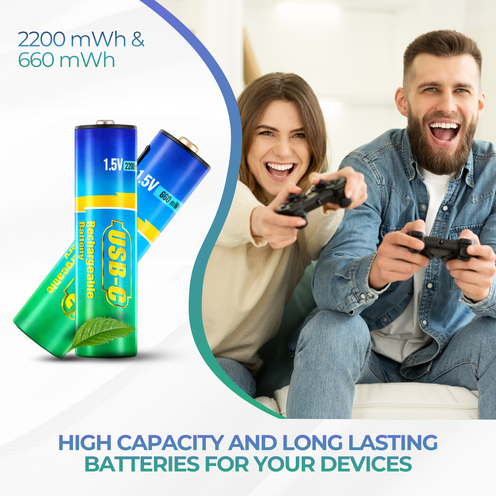 GreenVault USB-C Rechargeable Batteries Combo Pack – 2 AA 2200mWh + 2 AAA 660mWh 1.5V Lithium Rechargeable Batteries, Fast Charging Eco-Friendly Power for Cameras, Remotes, Gaming Controllers & Toys