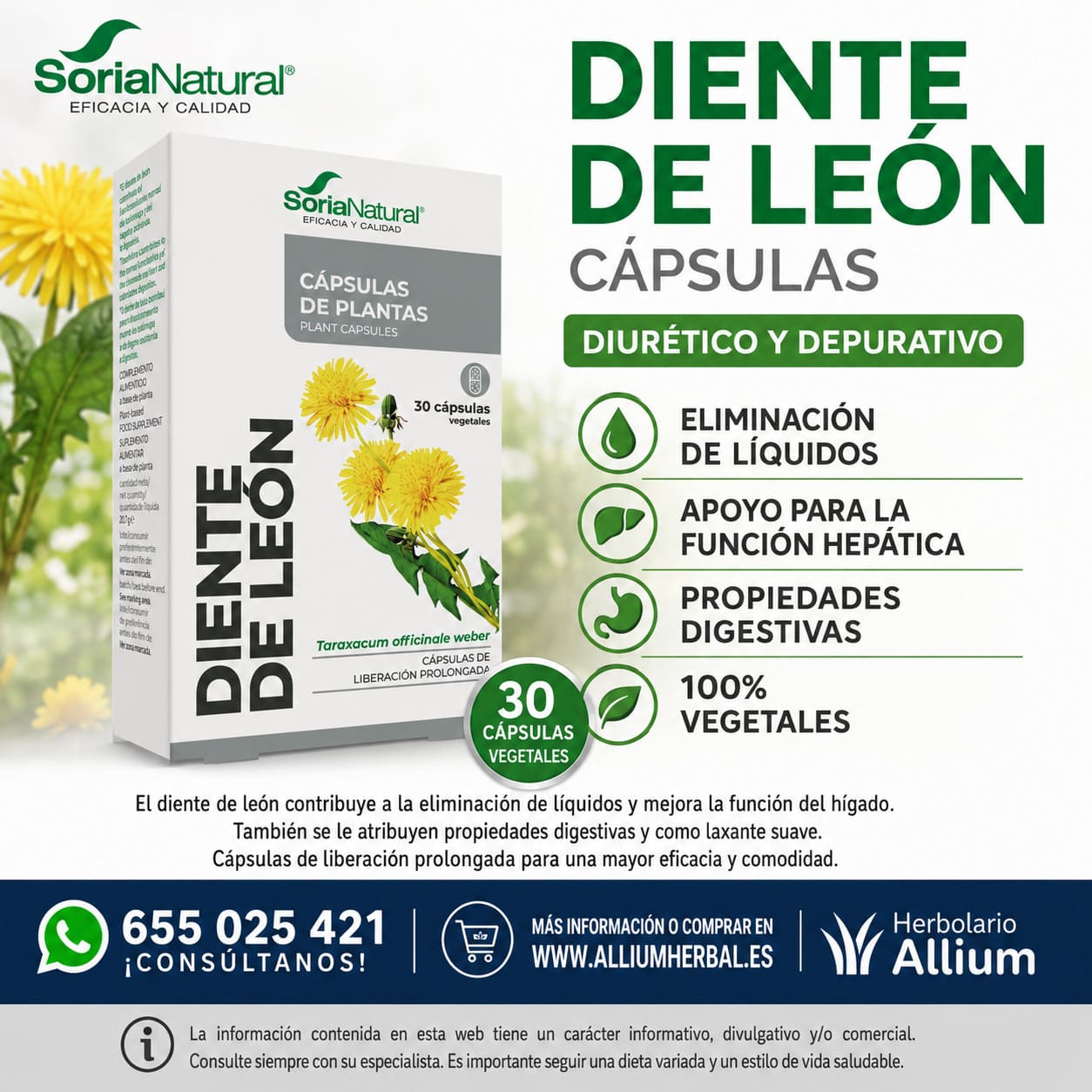 Diente de León 30 Cápsulas de 690 mg de Soria Natural 