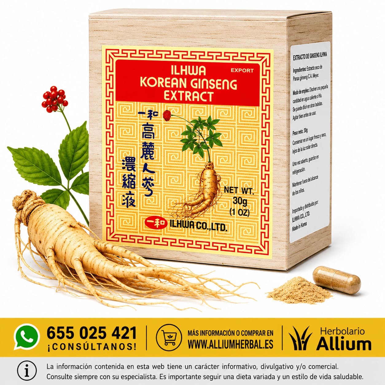 Extracto de Ginseng Coreano IL HWA Frasco de 30 gr de Tongil 