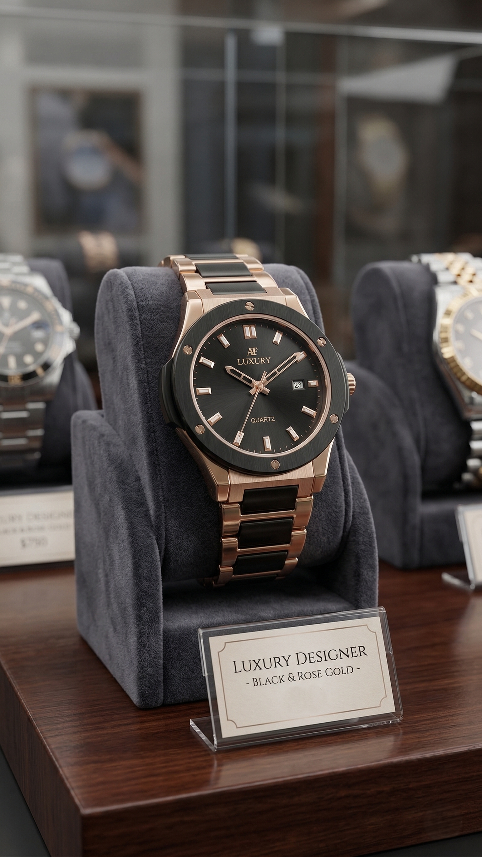 Black & Rose Gold Luxury Designer Watch