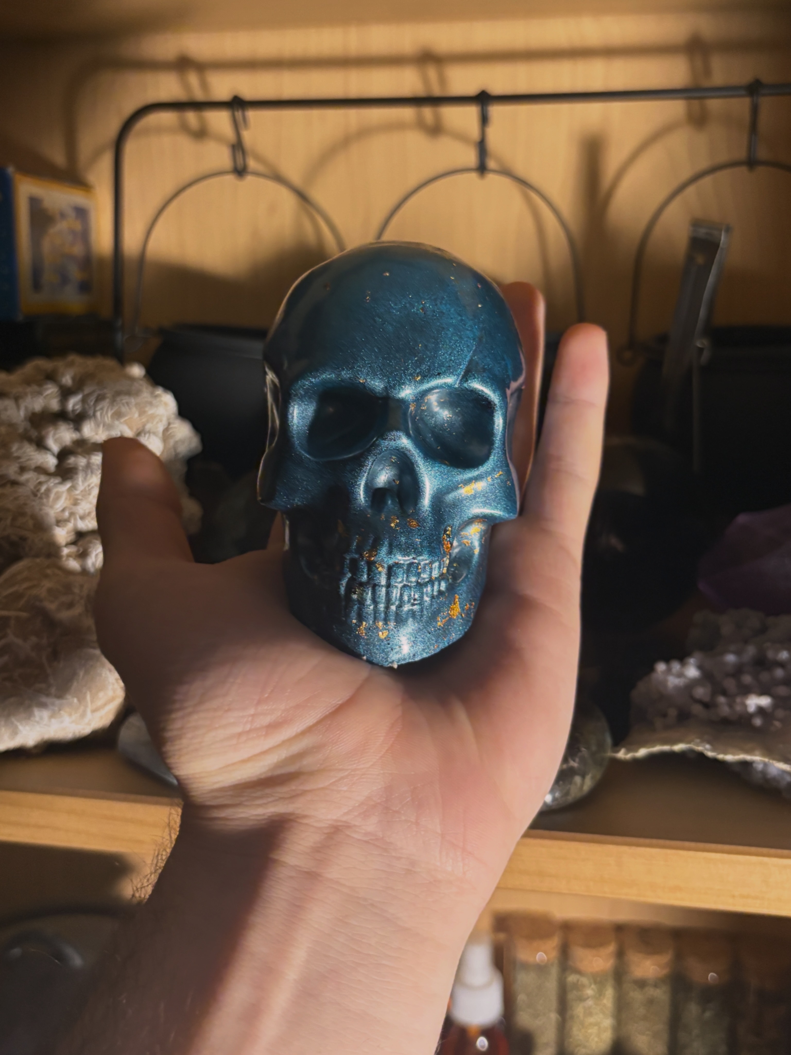 Metallic Blue Skull Figurine