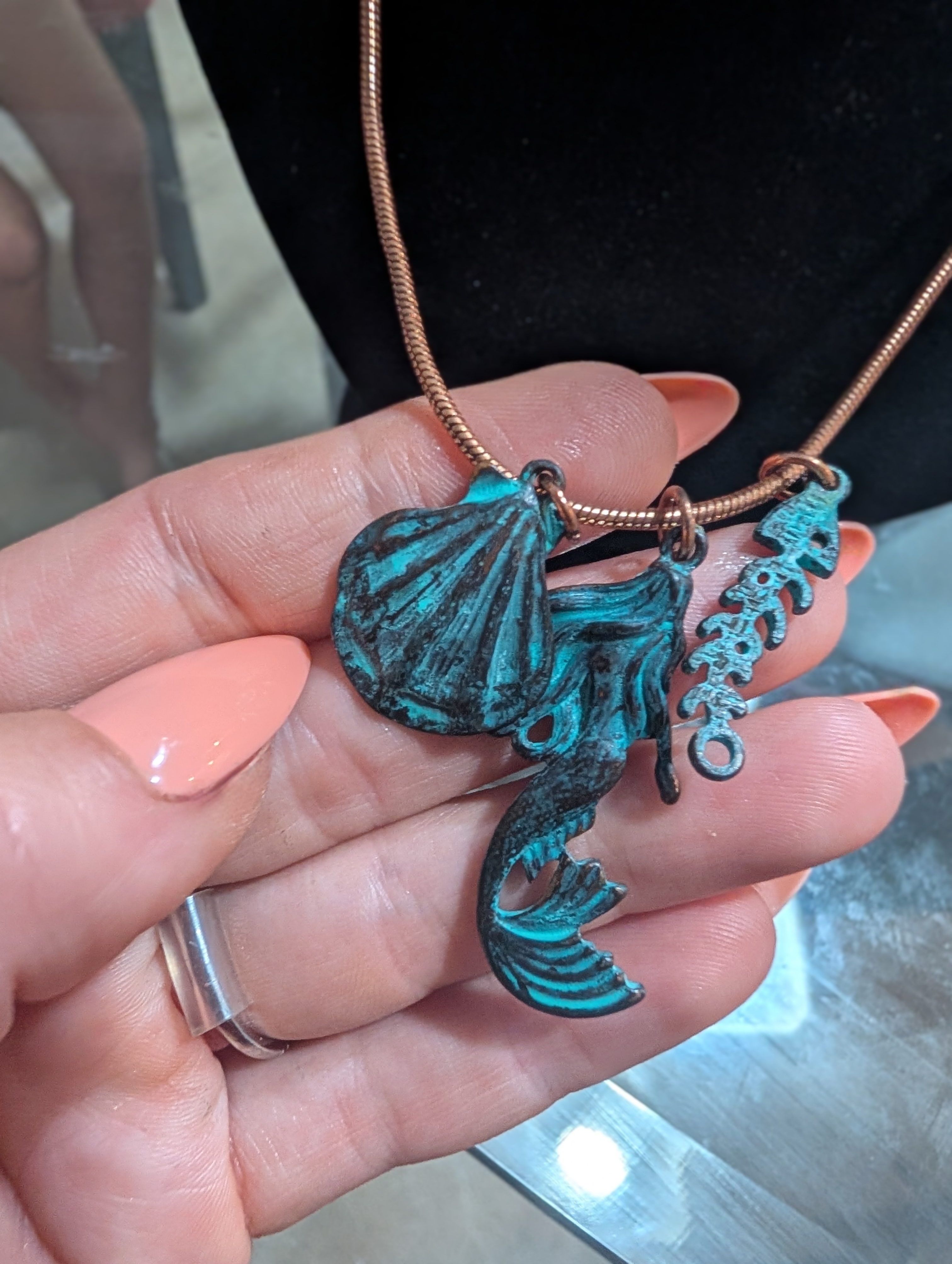 Mermaid Charm Necklace in patina finish