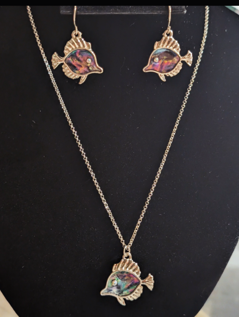 Iridescent Abalone Fish Necklace and Earrings-ONLY 6 left in stock!!