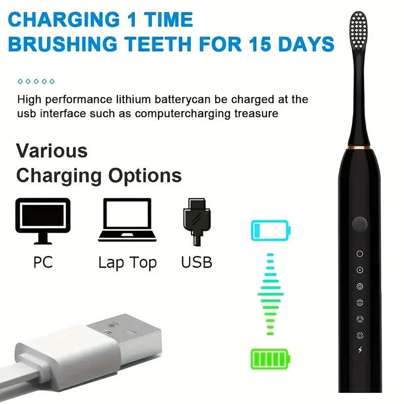 X3 Sonic Electric Toothbrush Rechargeable | USB Fast Charging Toothbrush with 5 Modes Deep Cleaning Whitening & Gum Care