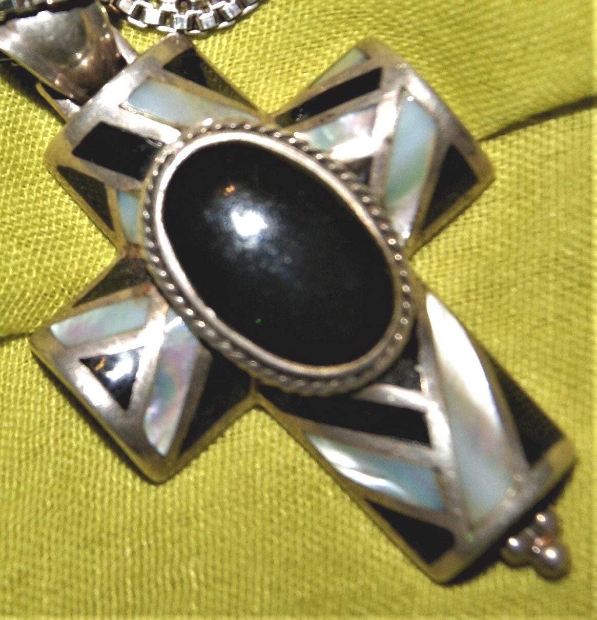 Navajo Pendant Cross. Onyx. Pearl. Sterling Silver. Heavy 28" Chain. c1970. Free World Ship