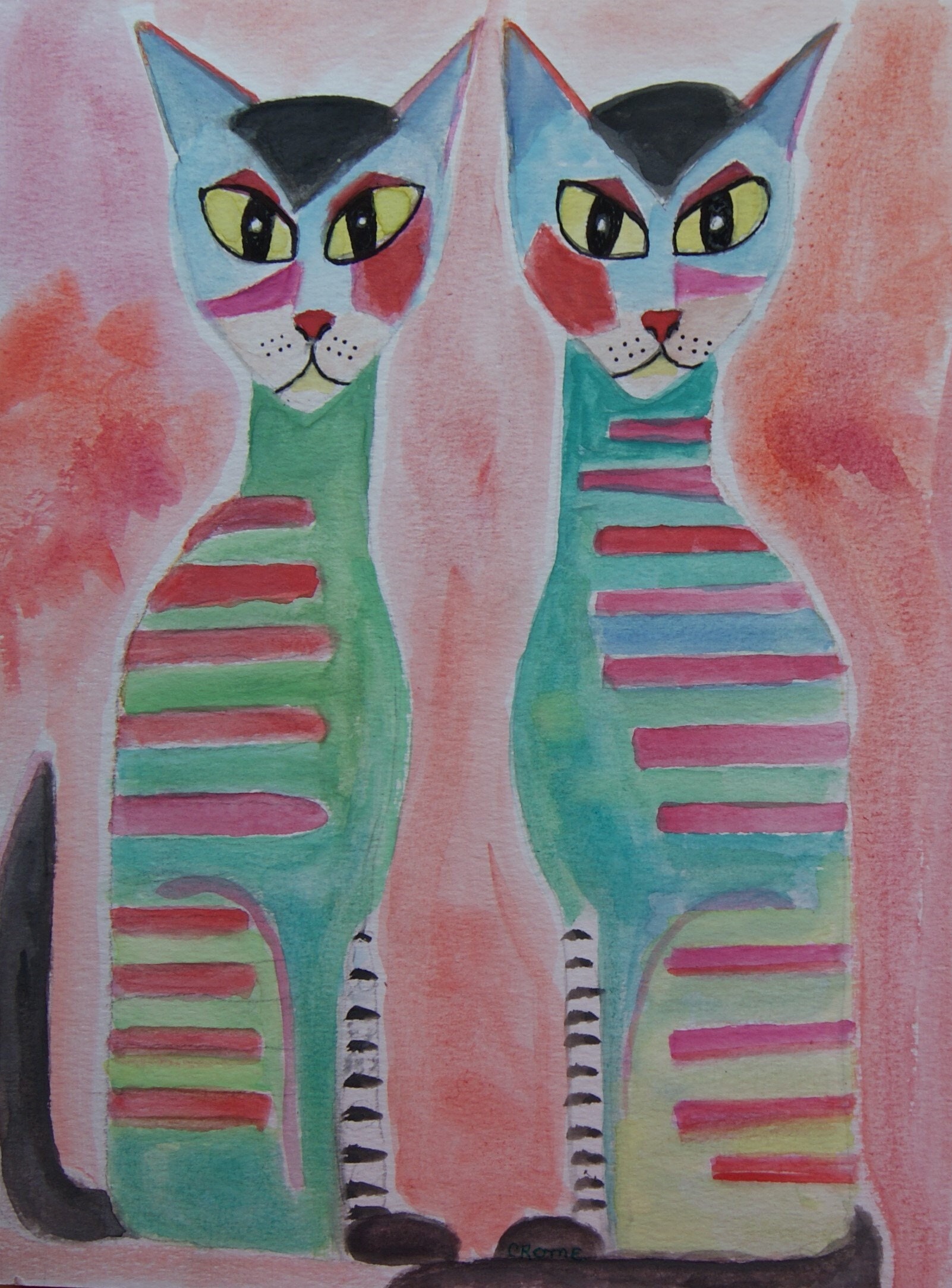 Saturn & Jupiter. Cat Pack Rescue Series. Original Watercolor. Free World Ship.