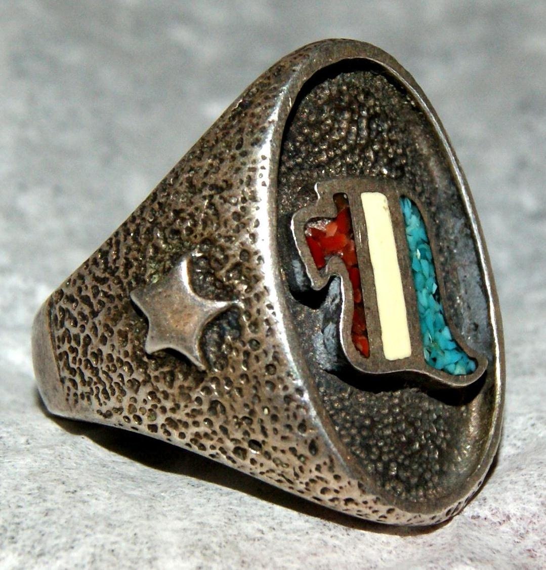 Navajo Ring. Tufa Cast Sterling Silver. Turquoise. Coral. Enamel. c1950. Free World Ship.