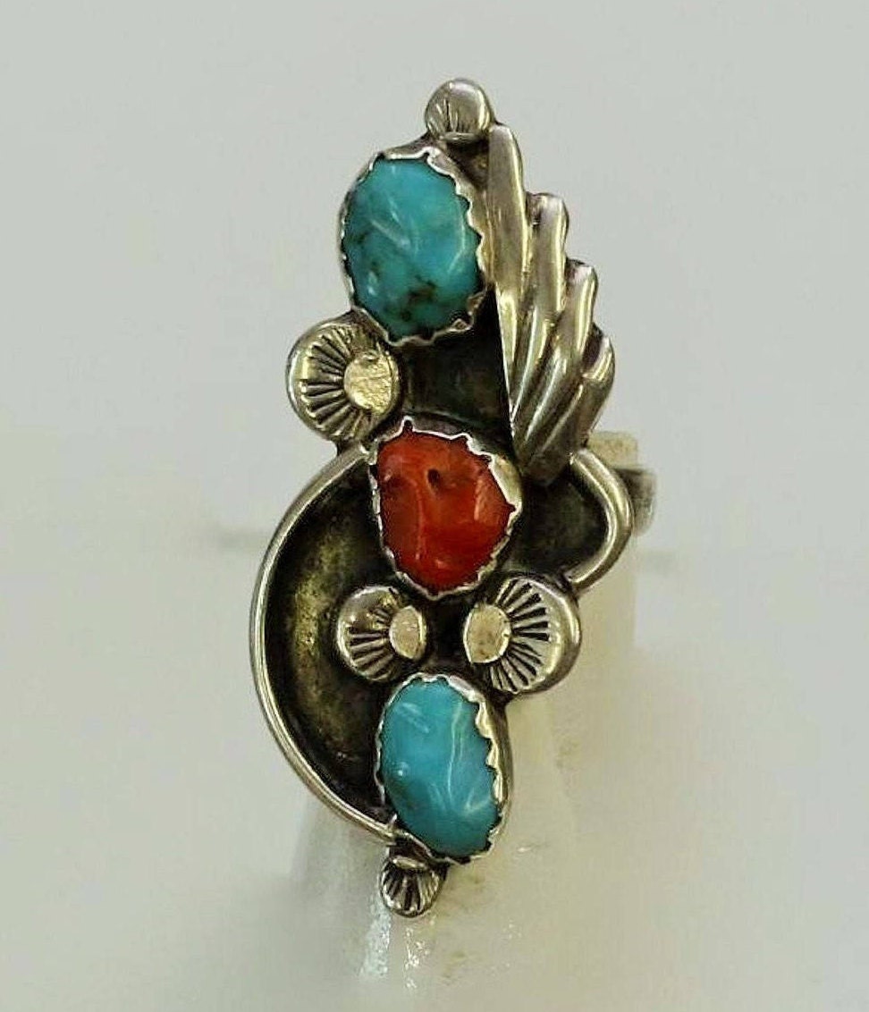 Zuni. Estate Ring. Squash Blossoms. Turquoise. Coral. Sterling Silver. c1948. Free World Shipping