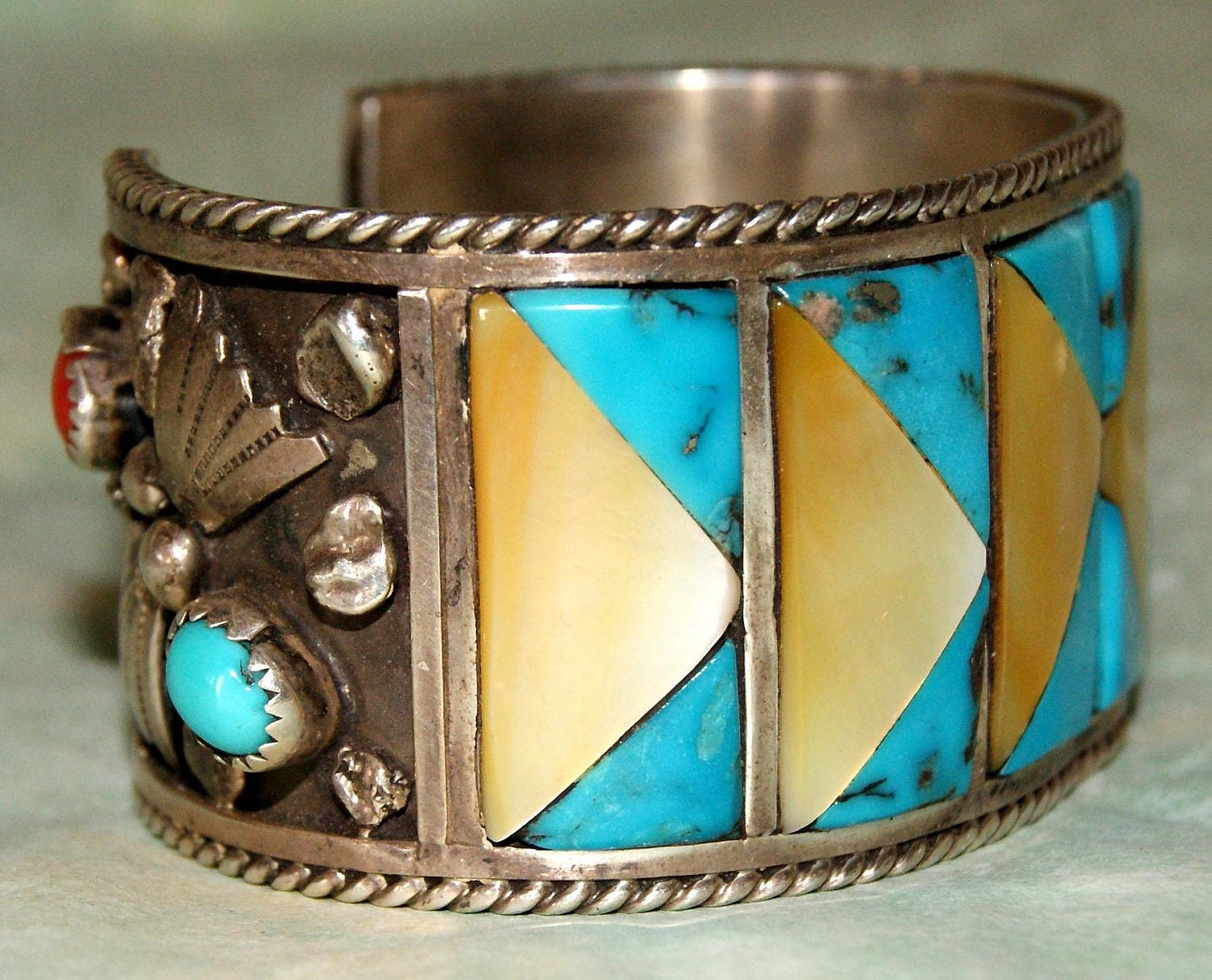 Pawn Navajo Cuff. Turquoise. Coral. Shell. Sterling Silver. c1960. Free World Shipping