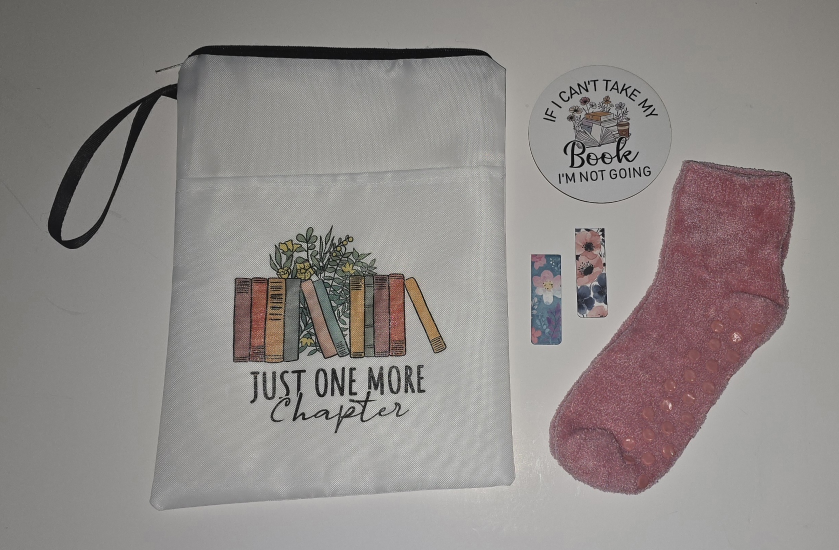 Book sleeve, coaster, socks and a mystery gift
