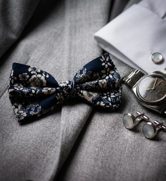 Navy & Cream Floral Bow Tie