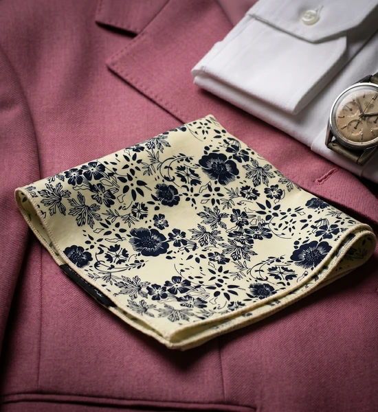 Cream & Navy Floral Pocket Square