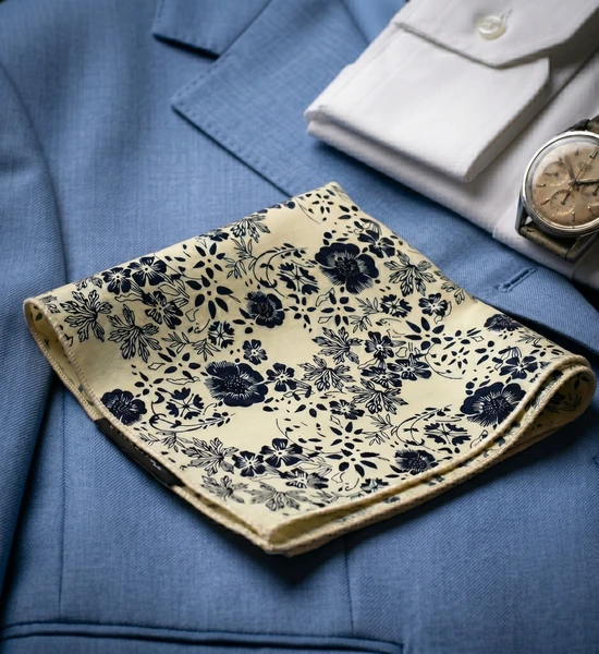 Cream & Navy Floral Pocket Square