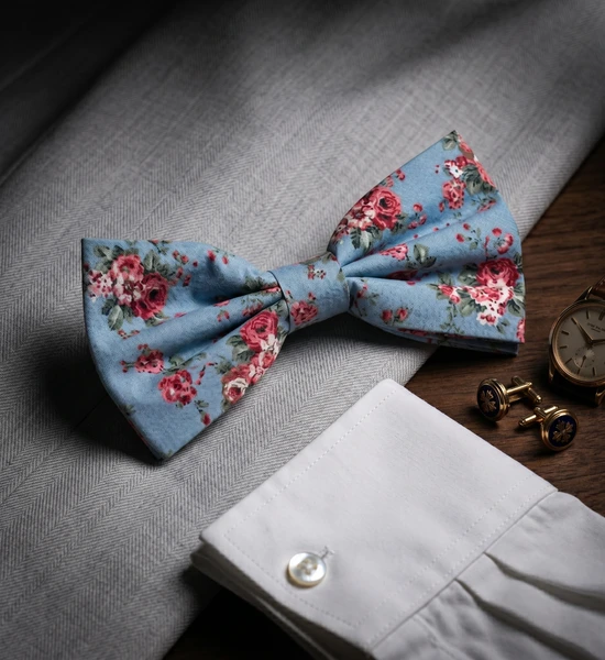 Sky Blue & Pink Floral Bow Tie