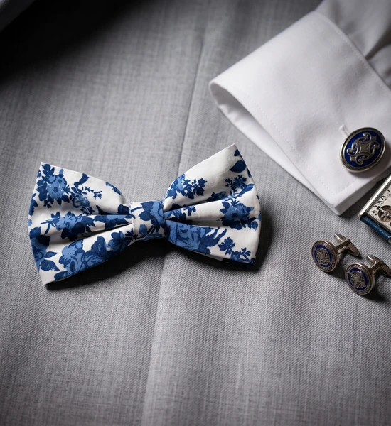 White & Blue Floral Bow Tie