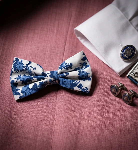White & Blue Floral Bow Tie