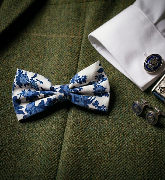 White & Blue Floral Bow Tie