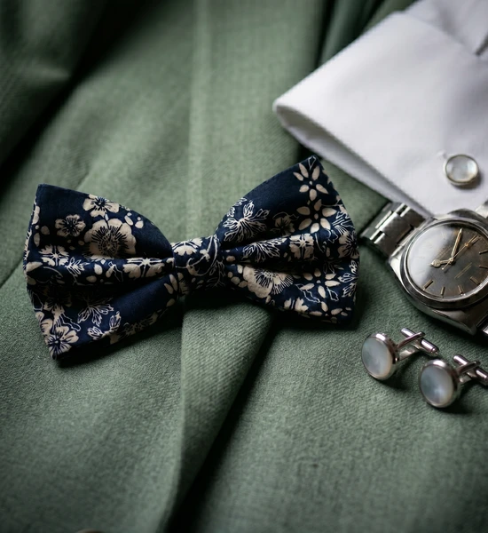 Navy & Cream Floral Bow Tie