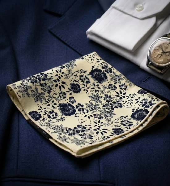 Cream & Navy Floral Pocket Square