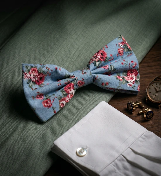 Sky Blue & Pink Floral Bow Tie