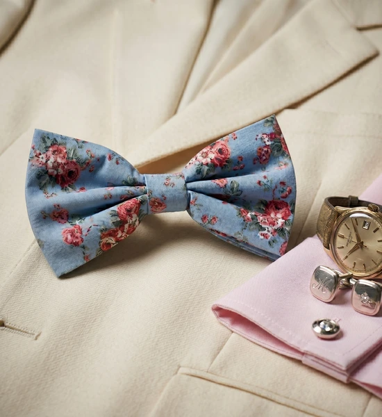 Sky Blue & Pink Floral Bow Tie