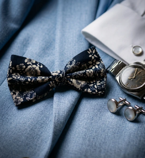 Navy & Cream Floral Bow Tie