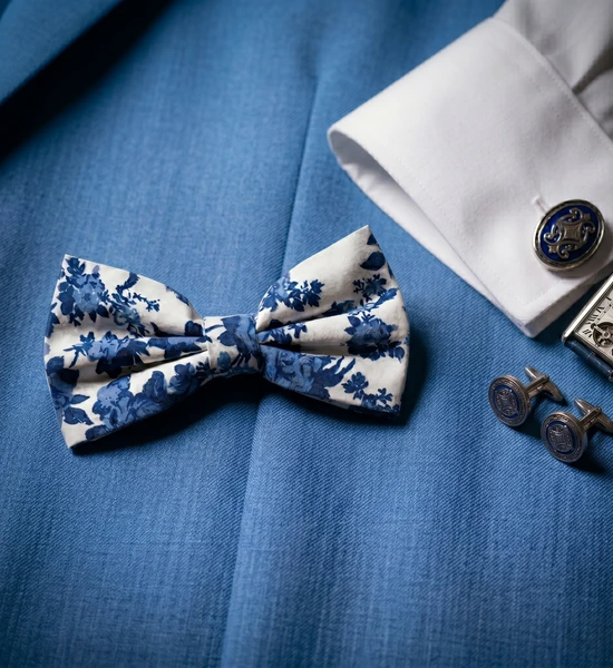 White & Blue Floral Bow Tie