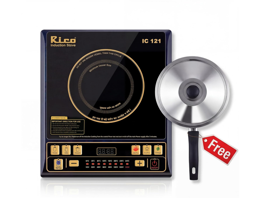 Rico BIS-ISI Certified induction stove with Free Vessel & Lid | 3 Yr Replacement Warranty on Coil | Milk Boil Mode with Timer | Fast Heating | Power Saving | 4KVA High Voltage Protection.