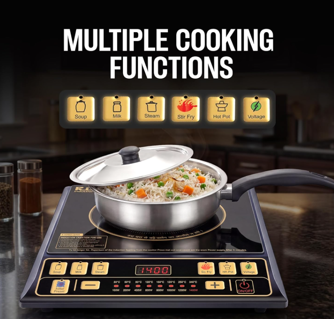 Rico BIS-ISI Certified induction stove with Free Vessel & Lid | 3 Yr Replacement Warranty on Coil | Milk Boil Mode with Timer | Fast Heating | Power Saving | 4KVA High Voltage Protection.