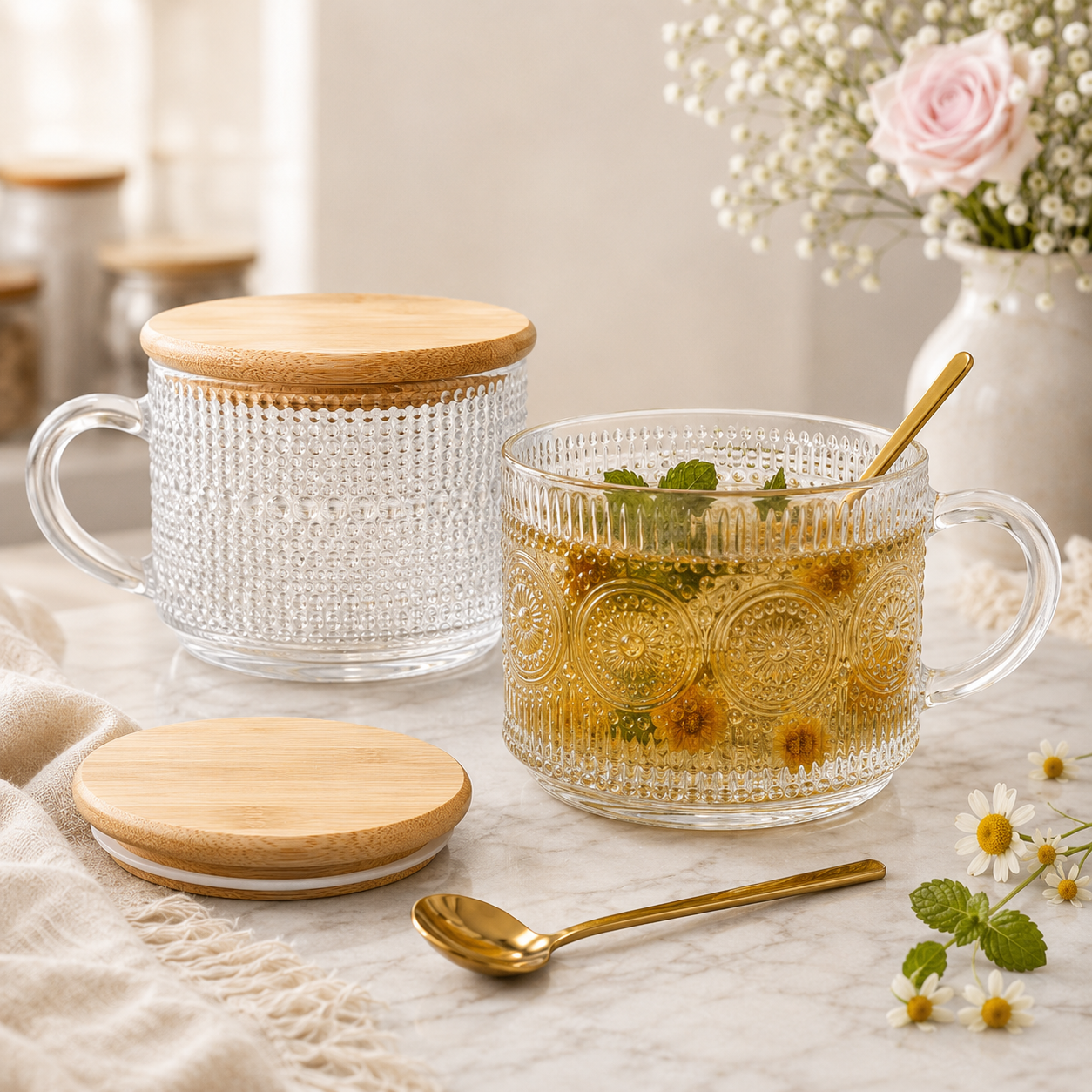 4pcs Vintage Coffee Mugs with Bamboo Lids and Spoons