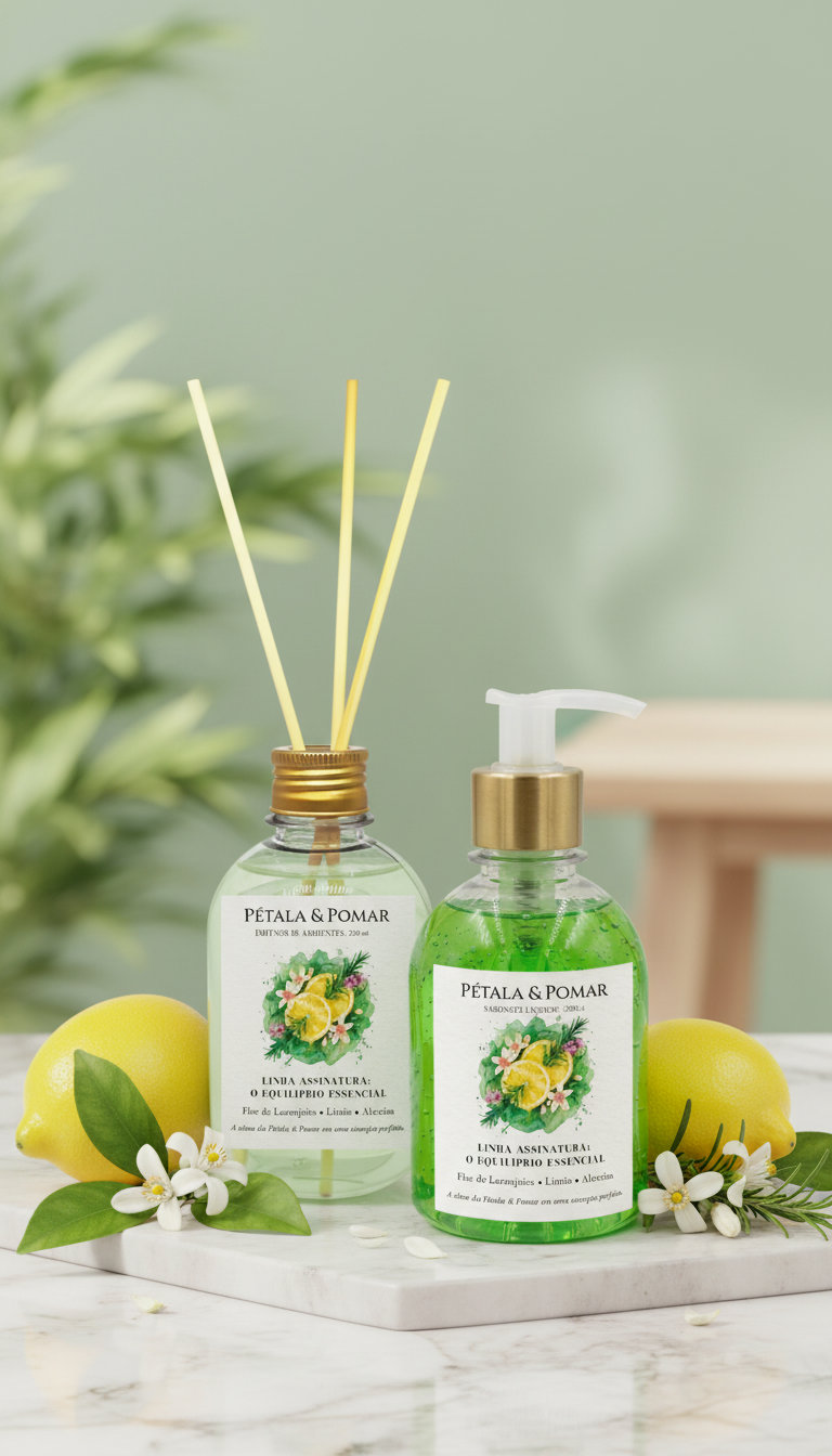 Kit Aromatizador e Sabonete líquido Linha Assinatura: Flor de Laranjeira, Limão Siciliano e Alecrim. 