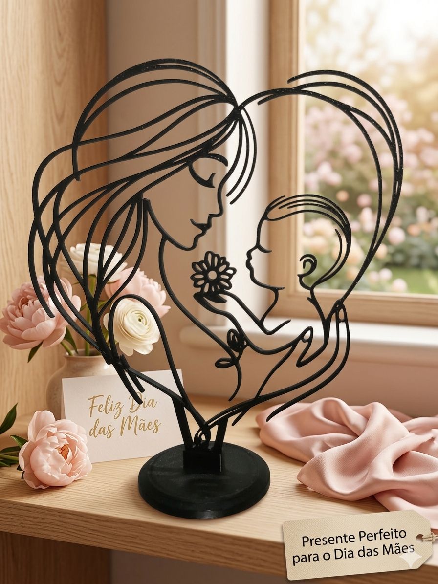 Escultura Mãe e Filho em Metal feita em impressão 3d