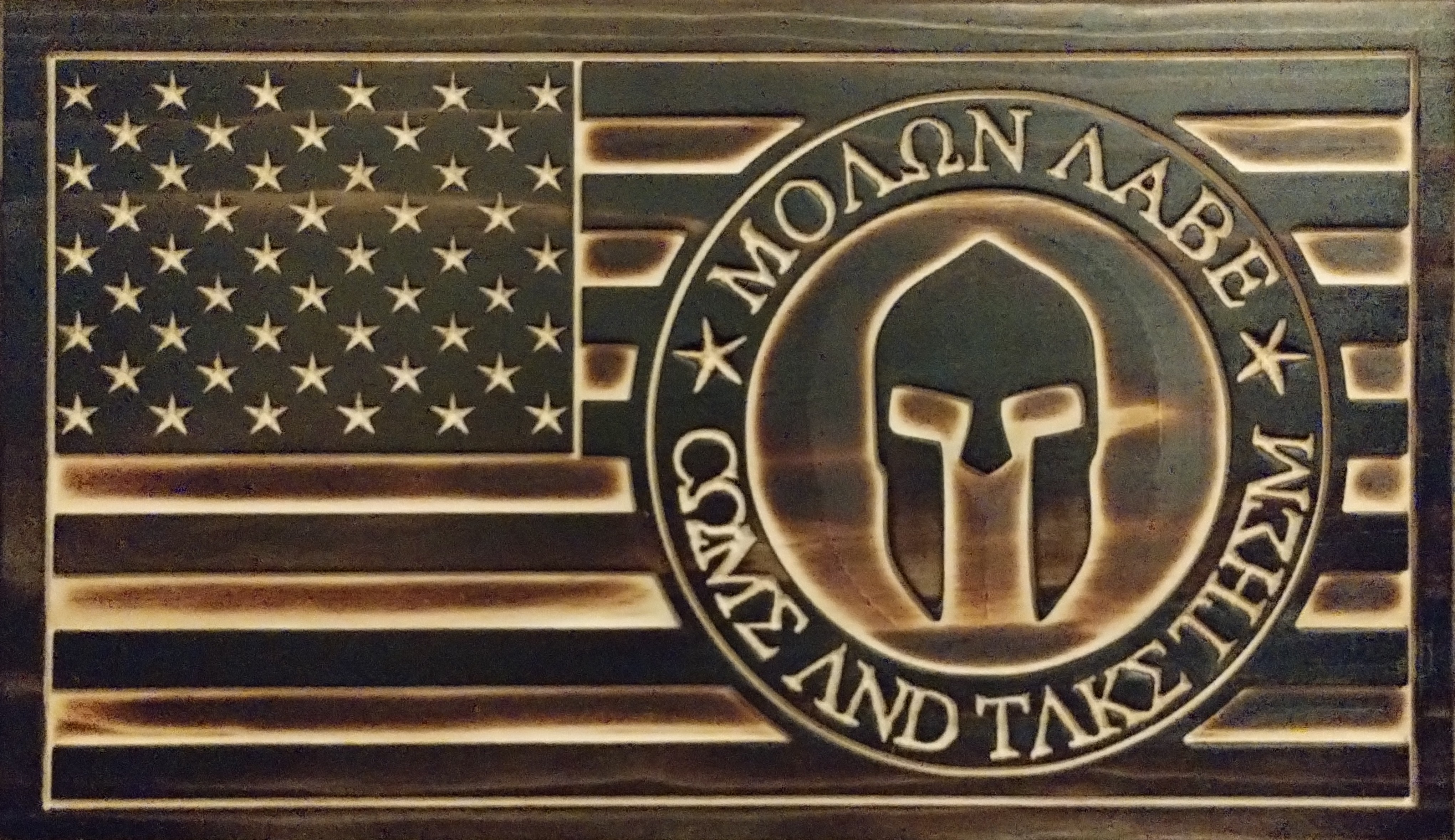 Molon Labe Wooden Flag Plaque