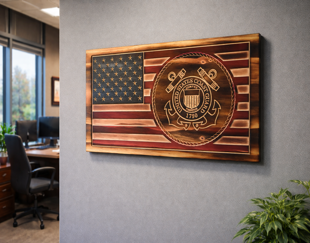 Wooden American Flag Featuring the Coast Guard