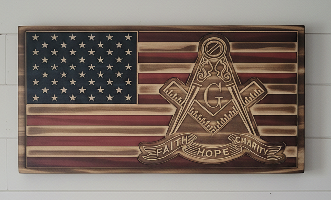Handcrafted Masonic American Flag | Square & Compass Wood Wall Art | Freemason Gift | Engraved Masonic Plaque | Lodge Gift