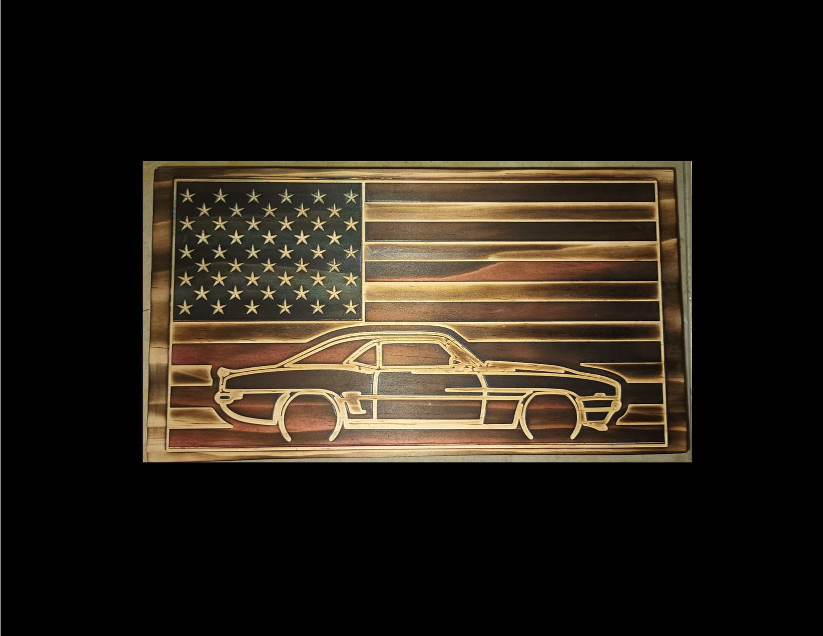 Vintage Camaro & American Flag Wooden Wall Art