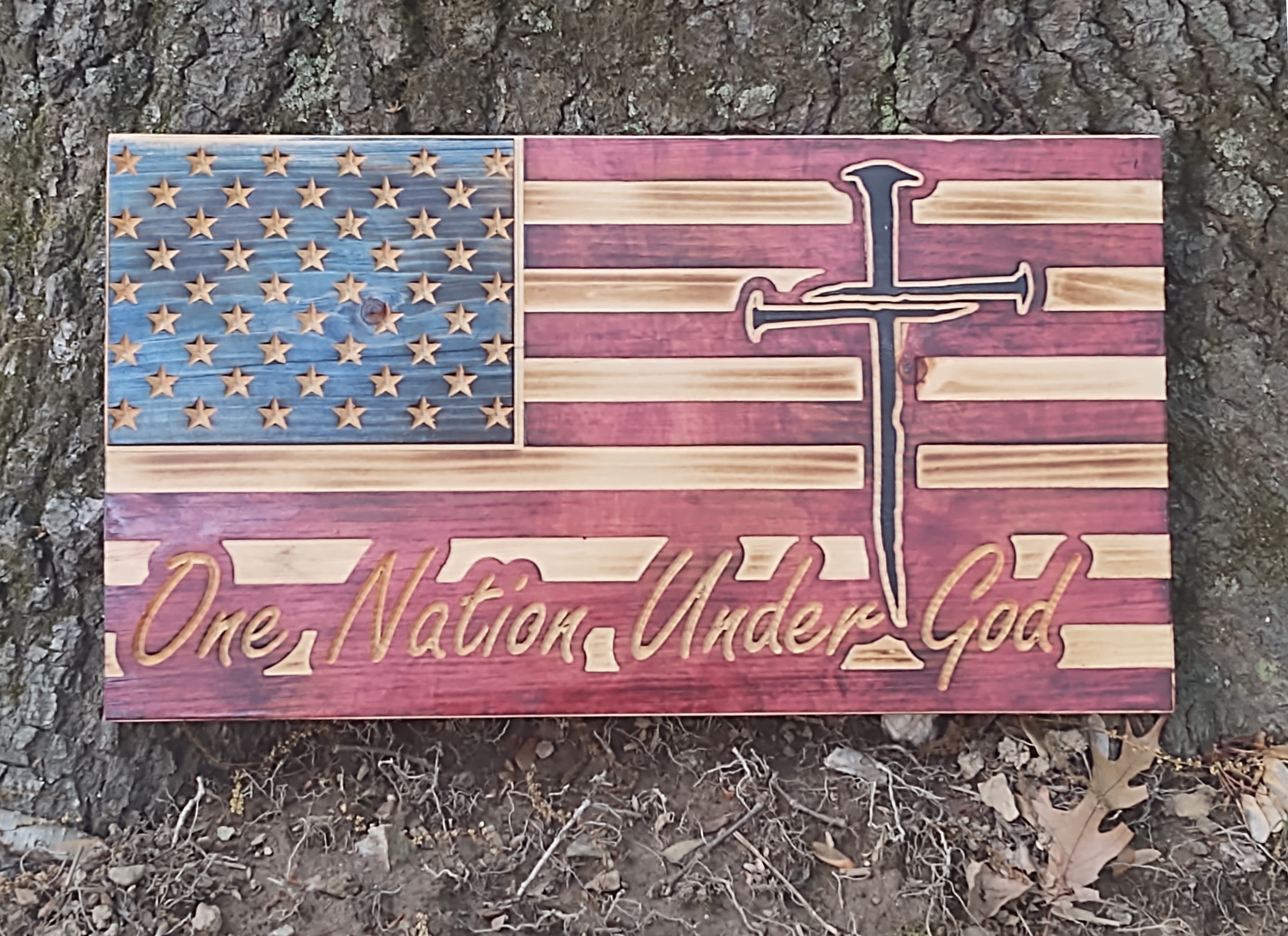Handcrafted Wood Rustic American Flag, In God We Trust