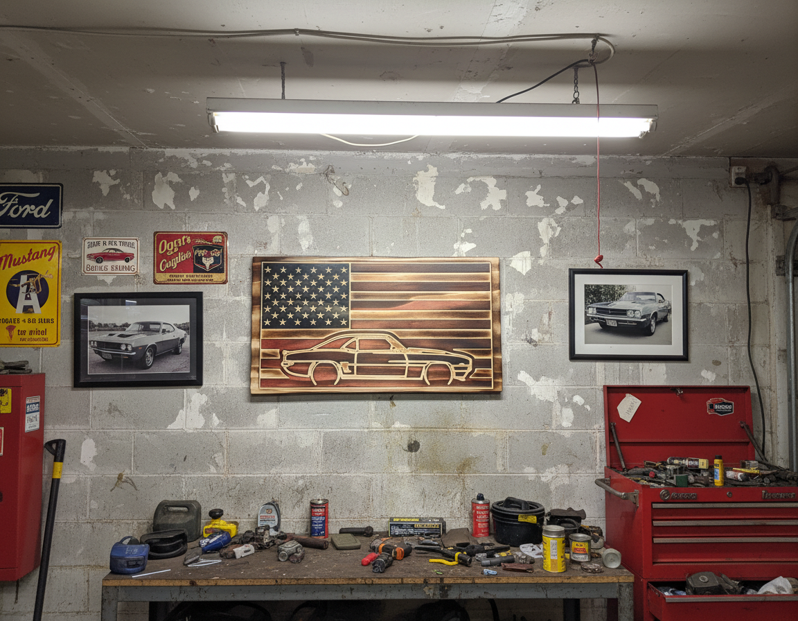 Vintage Camaro & American Flag Wooden Wall Art