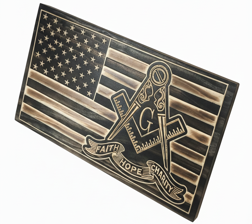 Handcrafted Masonic American Flag | Square & Compass Wood Wall Art | Freemason Gift | Engraved Masonic Plaque | Lodge Gift