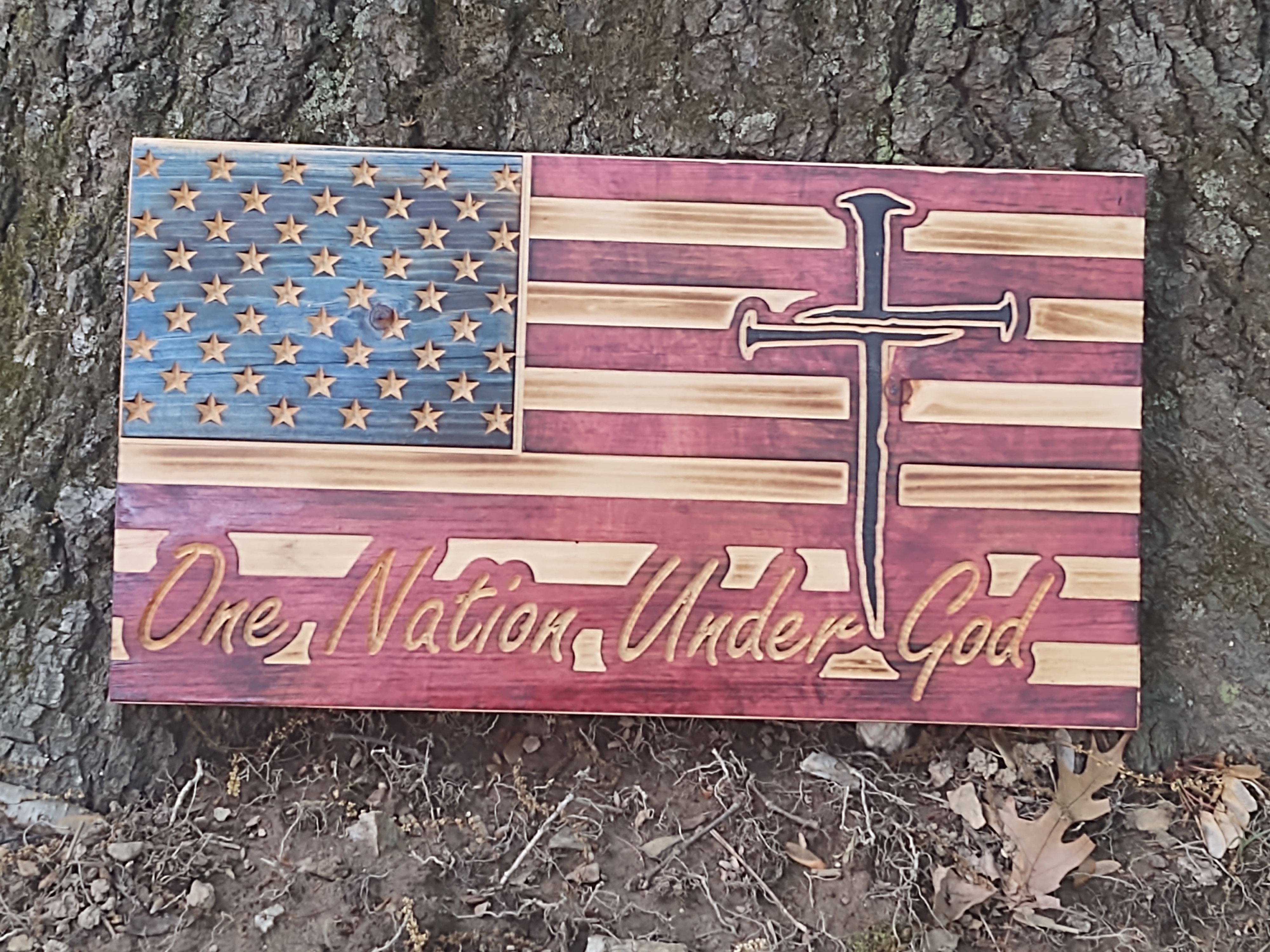 Handcrafted Wood Rustic American Flag, In God We Trust