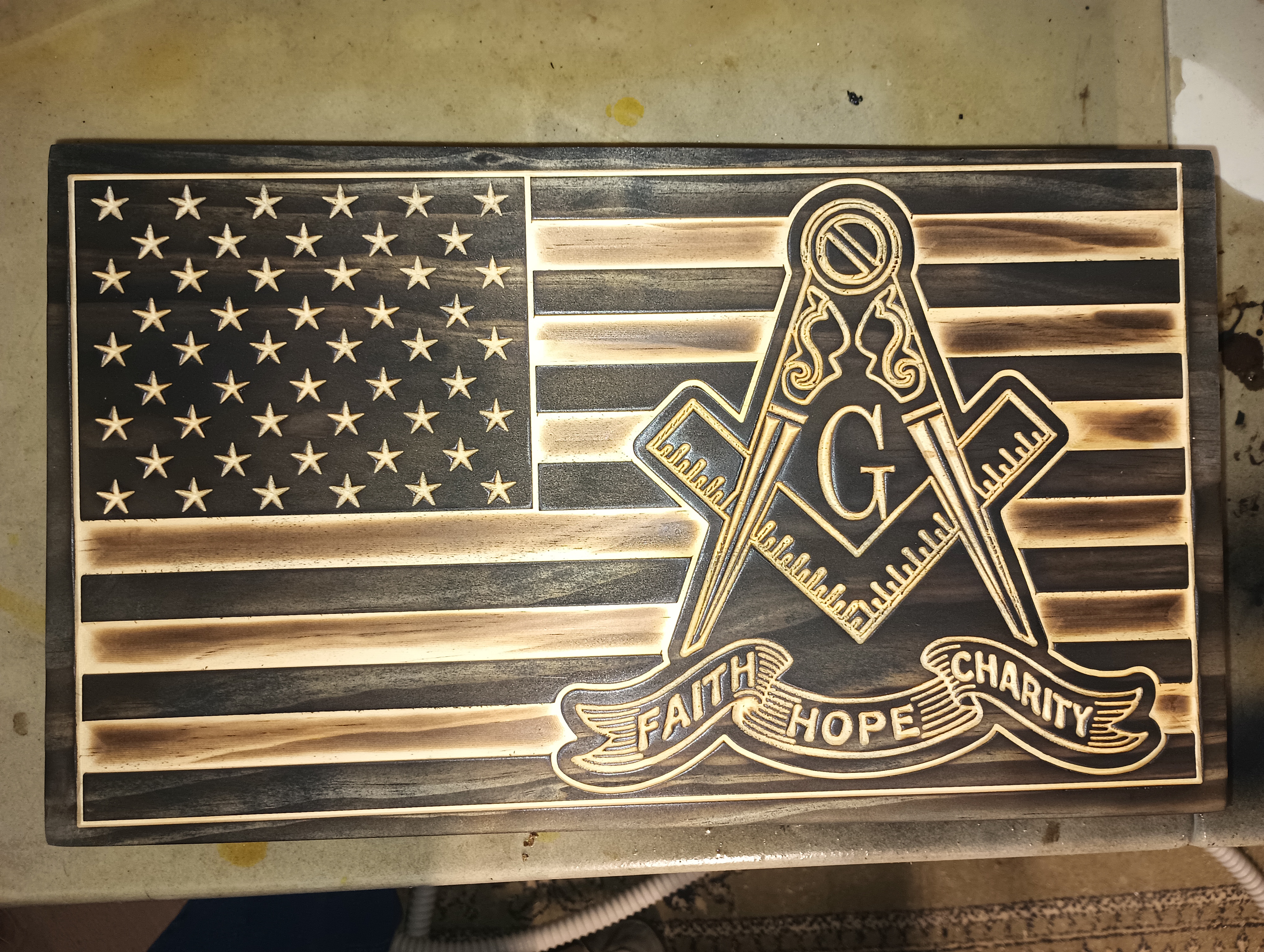 Handcrafted Masonic American Flag | Square & Compass Wood Wall Art | Freemason Gift | Engraved Masonic Plaque | Lodge Gift