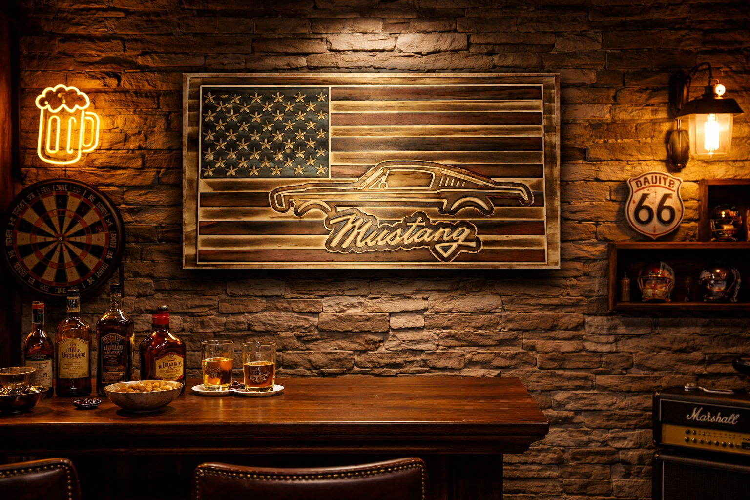 Mustang American Flag Wooden Wall Art