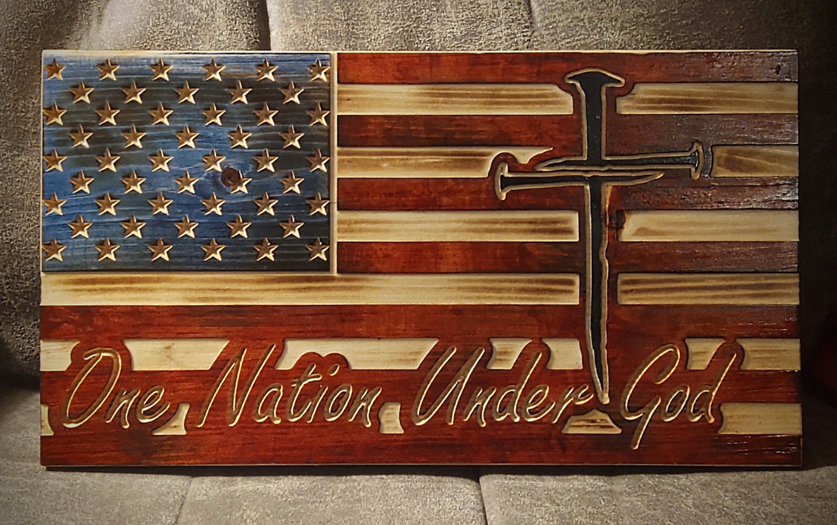 Handcrafted Wood Rustic American Flag, In God We Trust