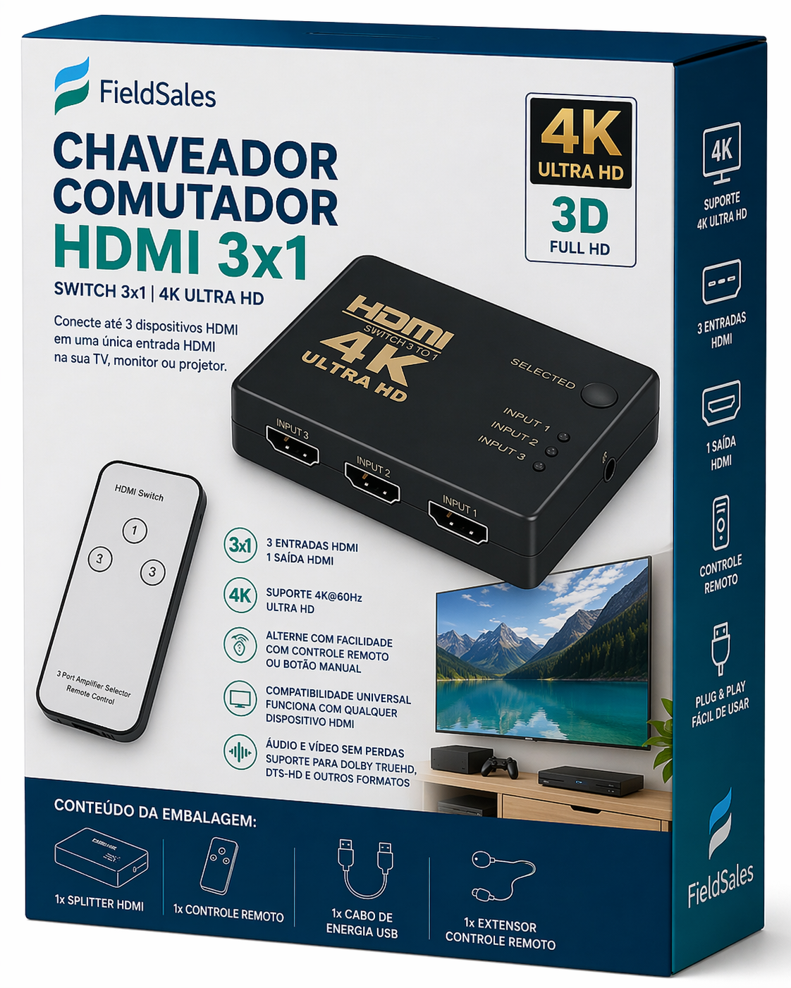 Chaveador HDMI 3x1 4K Ultra HD