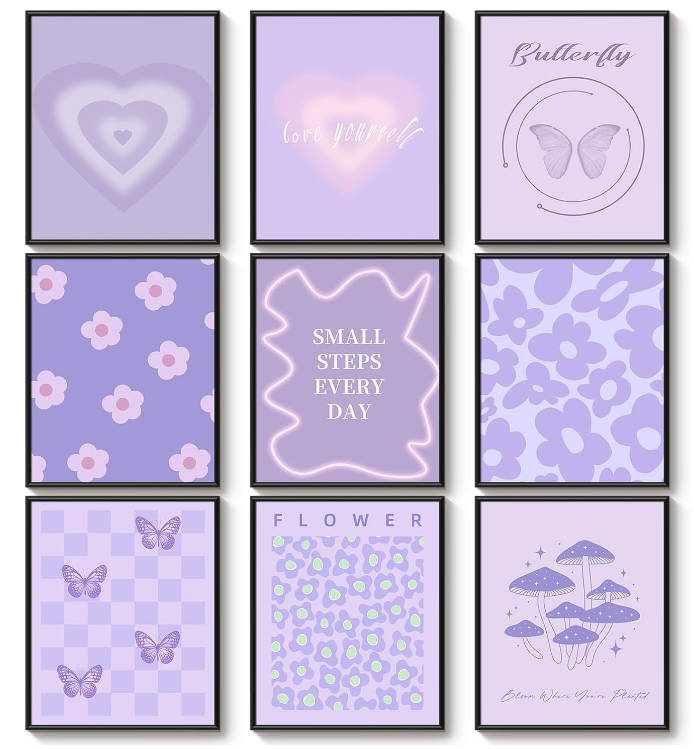VIYYIEA Preppy Wall Art Prints, Purple Room Decor For Living Room, School Posters Wall Pictures Aesthetic Wall Decor (8 x 10in, Unframed)